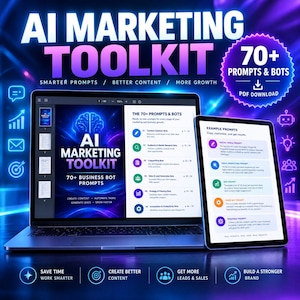 Op de afbeelding: Een AI-marketingtoolkit weergegeven op een laptopscherm en een tablet. De interface toont meer dan 70 zakelijke bot-prompts, categorieën voor het maken van inhoud en voorbeeldprompts voor sociale media, e-mail en SEO-strategieën.