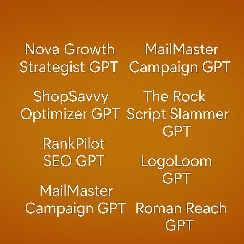 Op de afbeelding: Een oranje achtergrond met witte tekst met verschillende GPT-gerelateerde bedrijfsnamen. De tekst bevat "Nova Growth Strategist GPT", "MailMaster Campaign GPT", "ShopSavvy Optimizer GPT" en "RankPilot SEO GPT".