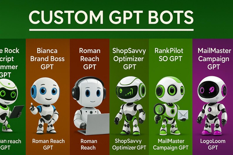 Op de afbeelding: De afbeelding toont een groene banner met de tekst "CUSTOM GPT BOTS". Daaronder staan zes robotkarakters, elk met een uniek ontwerp en naam, zoals "Bianca Brand Boss GPT" en "MailMaster Campaign GPT". De robots staan tegen een kleurrijke achtergrond.