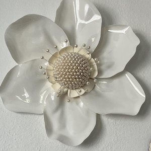 Large PVC Flower Wall Sculpture with Faux Pearls – 3D White Floral Wall Decor