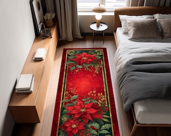 Op de afbeelding: Een rechthoekig rood tapijt met een kerststerontwerp. Het tapijt heeft grote rode kerststerren, groene bladeren en gouden accenten. De rand is groen met gouden filigraan.