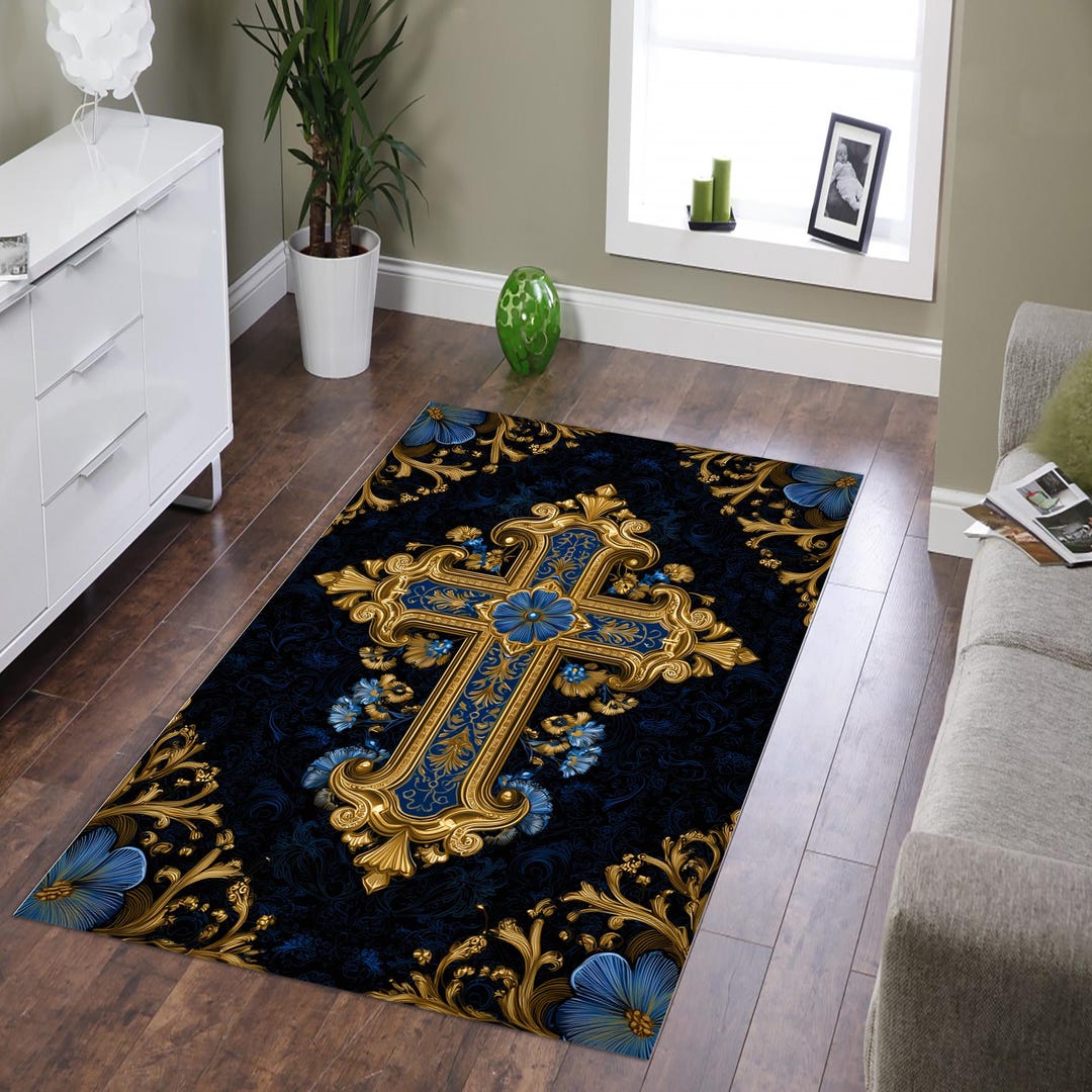 Christian Prayer Rug,christian Cross Rug,christian Mat,blue Gold Rug ...