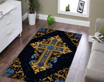 Personalized Christian Prayer Rug, Blue Gold Cross, Religious Decor