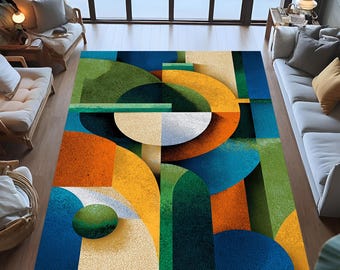 Abstract Modern Area Rug, Colorful Geometric Pattern, Mid Century Decor
