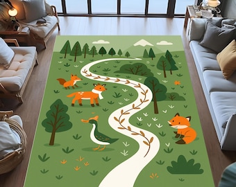 Forest Animal Kids Rug, Woodland Nursery, Playroom Carpet