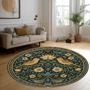 William Morris Round Rug,botanical rug,floral rug,bird and tree rug,bird floral rug,medieval nature rug, ornate botanical living room rug