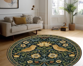 Rond William Morris-vloerkleed, bloemenmedaillon met vintage vogels, botanisch vloerkleed