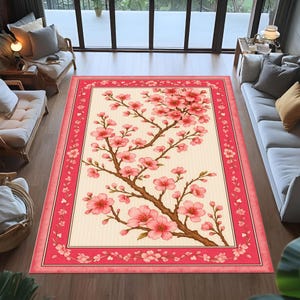 cherry blossom rug,sakura tree rug,japanese art rug,pink floral rug,asian style rug,minimalist modern rug,zen decor rug,living room rug