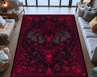Gothic Bat Rug, Red Black Pentagram, Occult Decor