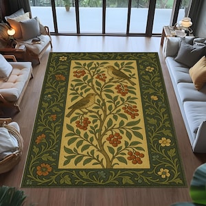william morris rug,botanical rug,bird rug,nature rug,ornate floral rug,bird tree rug,medieval art rug,heritage tapestry rug,living room rug