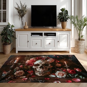 Skull Rug, Gothic Mat, Floral Skull Rug, Dark Academia Rug, Halloween Rug, Witchy Decor, Creepy Mat, Skeleton Rug, Horror Aesthetic