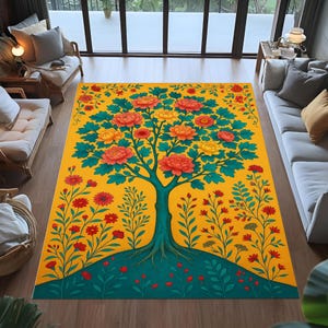 tree of life rug,floral tree rug,boho botanical rug,yellow rug,colorful folk art rug,nature themed rug,bright flower rug,living room rug