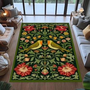 william morris bird rug,floral bird rug,green botanical rug,arts and crafts rug,symmetric bird rug,nature rug,classic pattern rug,morris rug