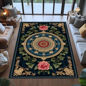 baroque floral rug,medallion rose rug,vintage ornate rug,blue gold pattern rug,classical elegant rug,luxury decorative rug,boho palace rug