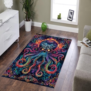 lovecraft octopus rug,cthulhu skull rug,psychedelic tentacle rug,deep sea creature rug,colorful marine monster rug,eldritch horror rug