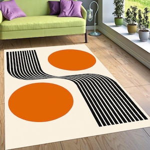 Alfombra retro abstracta con formas geométricas, alfombra naranja y negra, alfombra de mediados de siglo, alfombra para sala de estar, alfombra con círculos naranjas.