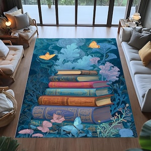 books rug,book lover rug,bookcase rug,butterfly floral rug,fantasy library rug,book rug,magical book lover rug,whimsical reading rug