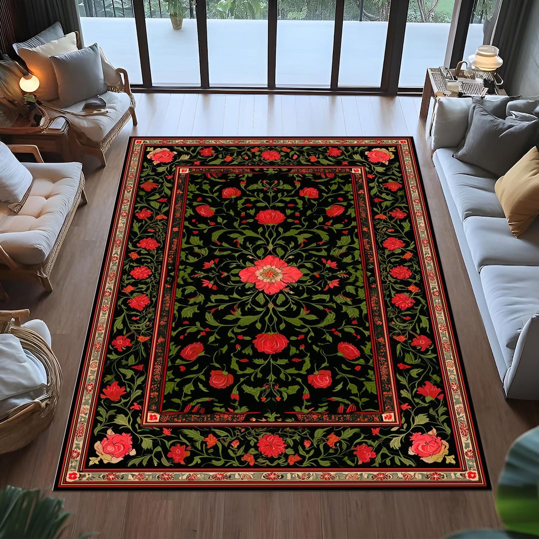 William Morris Floral Rug, Black Red Rose Rug, Arts and Crafts Style - Etsy