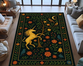 Einhorn Wandteppich, verzauberter Wald, märchenhaftes Blumendekor