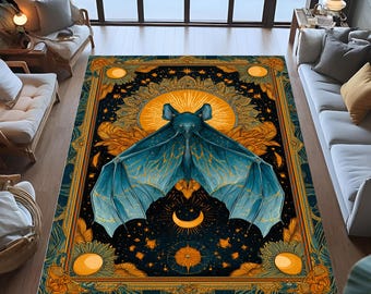 Mystic Bat Rug, Celestial Moon Stars, Witchy Gothic Decor