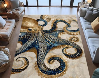 Blau-goldener Oktopus-Teppich, Tierteppich
