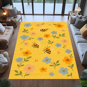 bee rug, flower rug, yellow rug, kids room rug, cute rug, nursery rug, honeybee rug, spring decor rug, nature themed rug,kids room carpet
