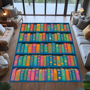 bookshelf rug,book lover rug,colorful book rug,library decor rug,reading room rug,floral bookshelf rug,fairyrale bookshelf rug,bookcase rug