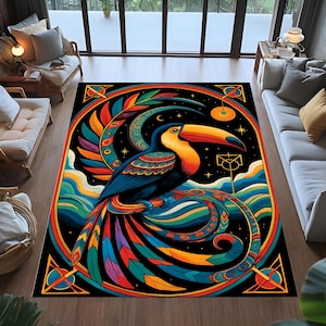 Tropical Toucan Rug, Boho Bird Rug, Colorful Animal Rug, Celestial Jungle Rug, Ethnic Art Rug, Mystical Exotic Bird Rug,Living Room Rug