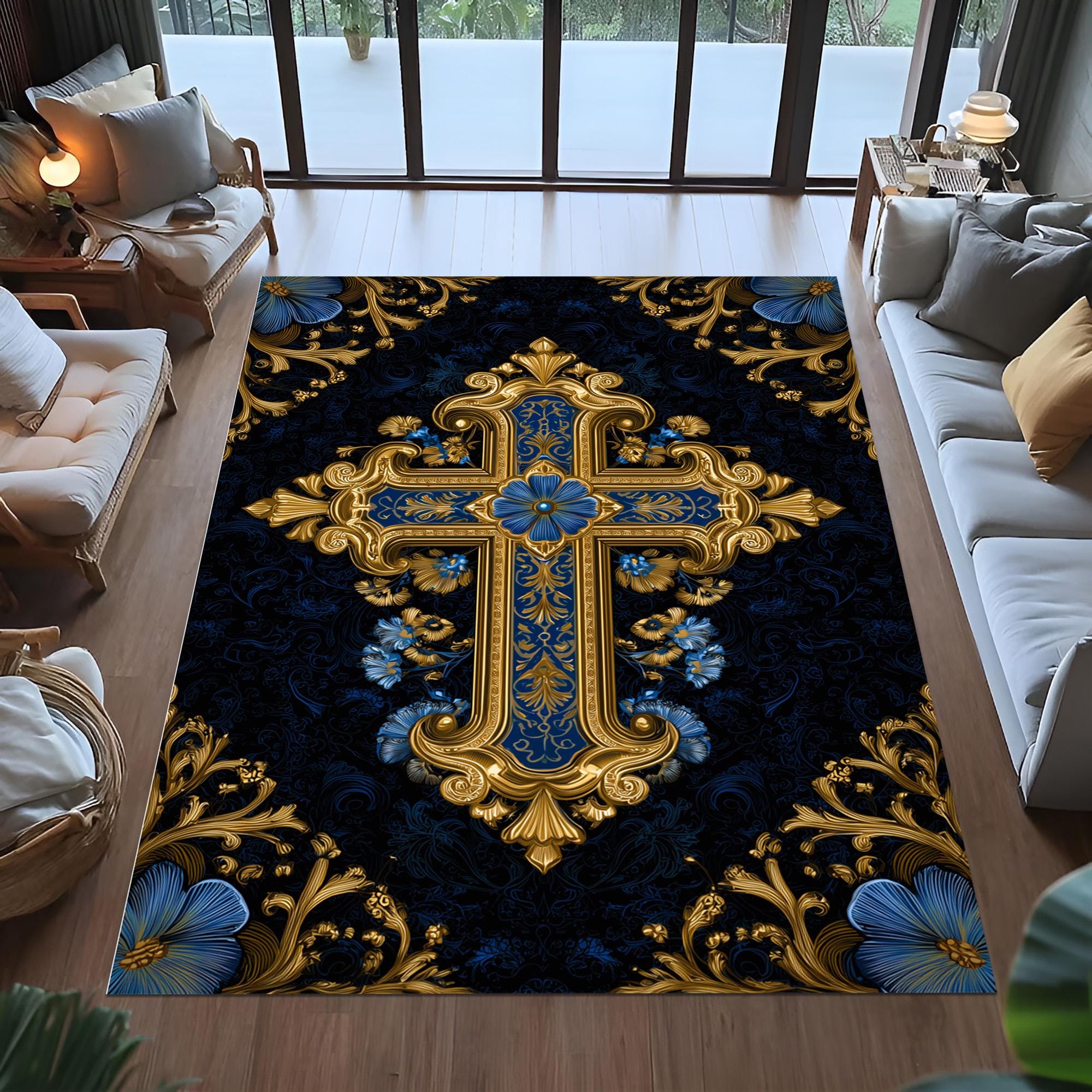 Personalized Christian Prayer Rug, Blue Gold Cross, Religious Decor - Etsy