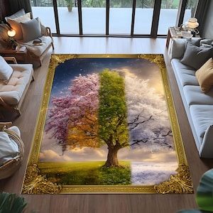 four seasons tree rug, seasonal nature rug, framed art rug, spring summer autumn winter rug, fantasy nature rug for living room,modern rug