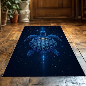 Mystical Turtle Galaxy Rug with Sacred Geometry Pattern,Space Animal Decor,Spiritual Floor Art,Starry Sky Rug for Meditation,Living Room Rug
