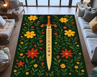 Floral Sword Rug, Botanical Fantasy, Gamer Room Decor