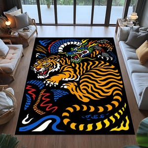 May include: A large rectangular black rug featuring a tiger and dragon design. The tiger is orange and black, with a fierce expression. The dragon is blue, green, and yellow. The rug has a bold, graphic style.