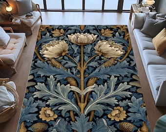 Vintage bloementapijt, William Morris-stijl, blauwgoud botanisch