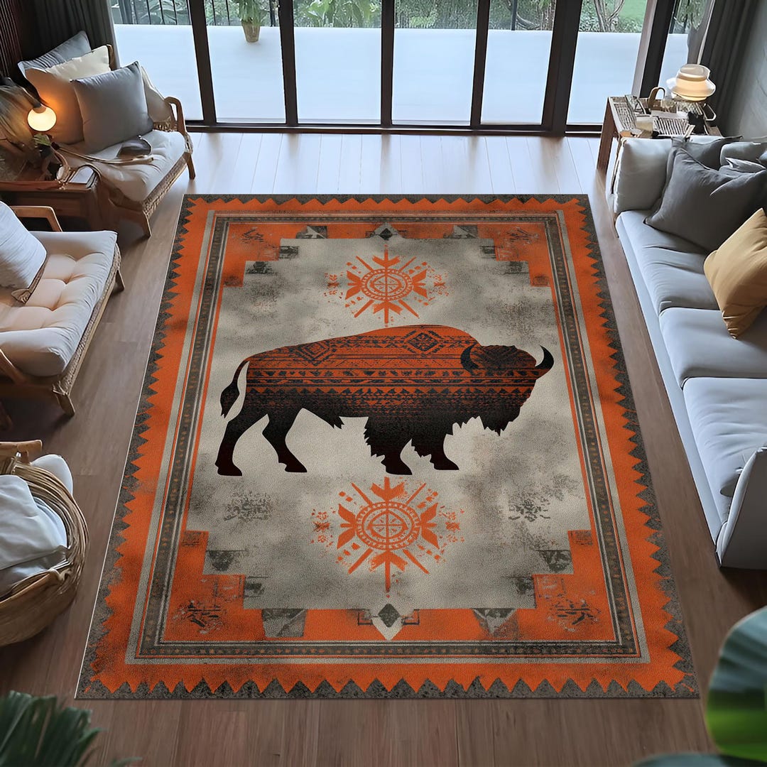 Southwestern Bison Area Rug, Tribal Buffalo Design, Orange Western ...