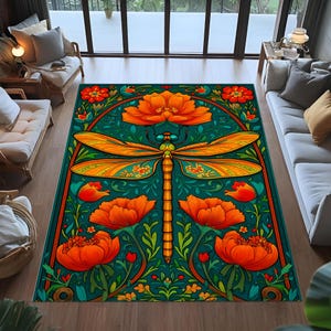 Dragonfly Floral Rug,Boho Insect Rug,Colorful Botanical Rug,Teal Orange Rug,Nature Inspired Rug,Whimsical Rug,Garden Decor Rug,Floral Rug