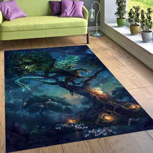 Fantasy Dragon Rug, Tree of Life Forest Carpet, Enchanted Night Scene Mat, Mystical Nature Rug, Fairy Tale Kids Room Decor,Living Room Rug