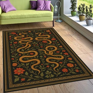 Tappeto a serpente floreale con motivo botanico, tappeto a serpente nero e oro, decorazione gotica, tappetino per rettili con estetica scura, tappeto fantasy