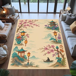 Oriental Landscape Rug, Asian Pagoda Rug, Cherry Blossom Rug, Chinoiserie Art Rug, Japanese Style Rug, Zen Garden Decor Rug,Living Room Rug