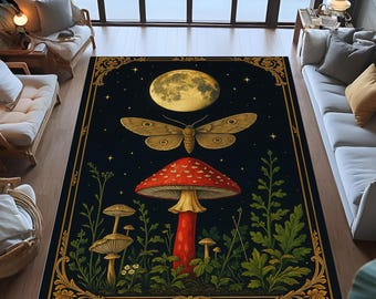 Mushroom Moth Rug, Dark Botanical Decor, Gothic Vintage Style