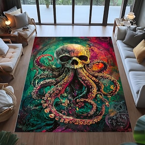 lovecraft octopus rug,cthulhu skull rug,psychedelic tentacle rug,deep sea creature rug,colorful marine monster rug,eldritch horror rug