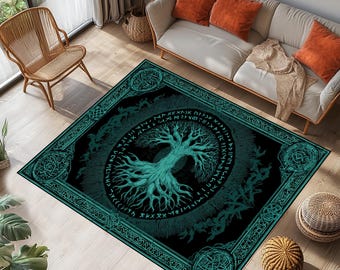 Yggdrasil Tree of Life Rug: Norse Mythology Viking Decor, Teal & Black