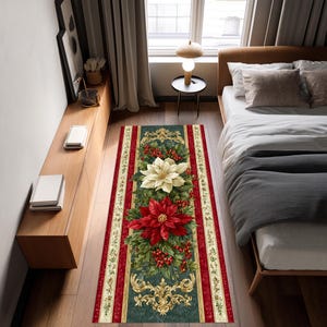 Poinsettia Christmas Runner Rug, Festive Hallway Decor, Washable