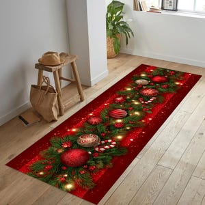 Poinsettia Christmas Runner Rug, Red Green Gold, Festive Hallway Decor