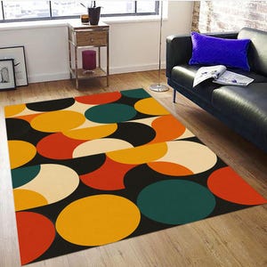 Alfombra abstracta de mediados de siglo, moderna y colorida con diseño geométrico, decoración para sala de estar con patrón de bloques de color, estilo kilim retro, alfombra para sala de estar.