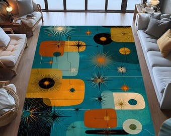 Abstract Modern Area Rug, Colorful Geometric Pattern, Mid Century Decor