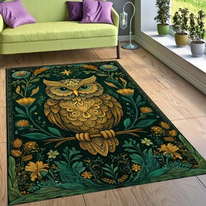 Golden Owl Rug,Boho Owl Decor Rug,Floral Night Forest Rug,Magical Animal Rug,Mystical Bird Rug,Teal Gold Rug,Nature Spirit Rug,Animal Rug