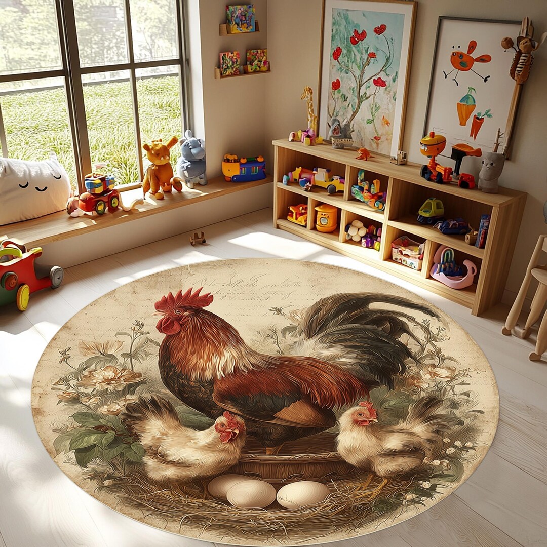 Blue Chicken Rug Round Chicken Rug, 3D Printed Microfiber Polyester, Washable Non-slip ...
