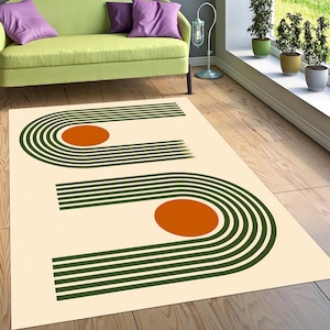 Alfombra retro abstracta con formas geométricas, alfombra naranja y negra, alfombra de mediados de siglo, alfombra para sala de estar, alfombra con círculos naranjas.