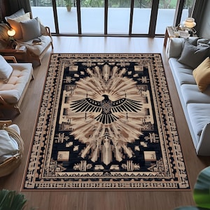 Native thunderbird rug,tribal bird rug,southwestern eagle rug,black beige western rug,aztec style rug,rustic lodge decor rug,living room rug